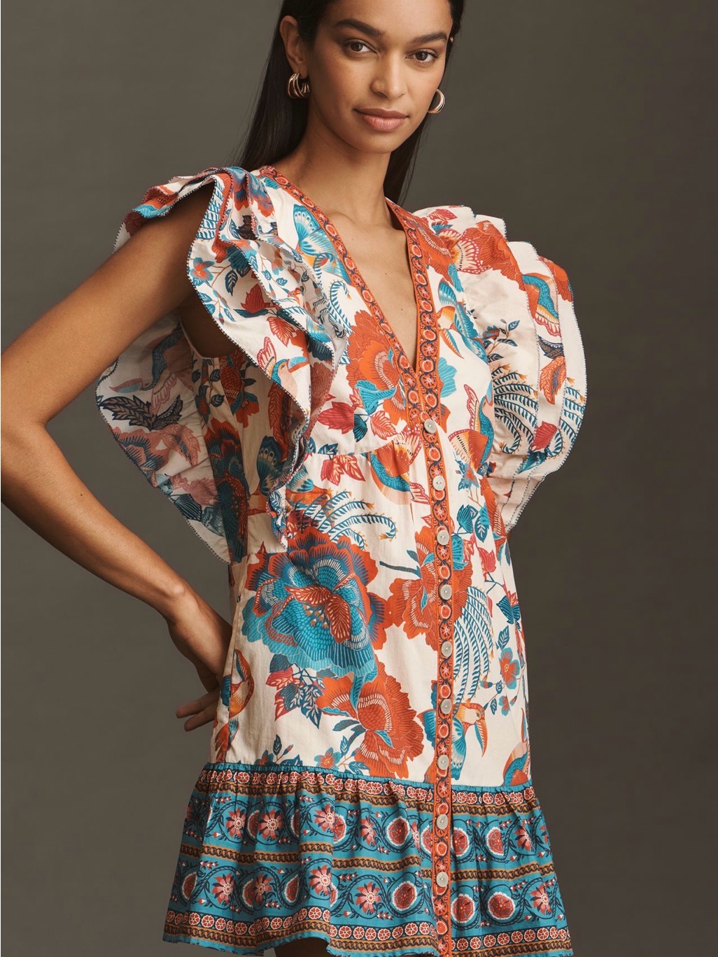 Farm Rio Floral Mini Dress In Cream, Orange & Blue